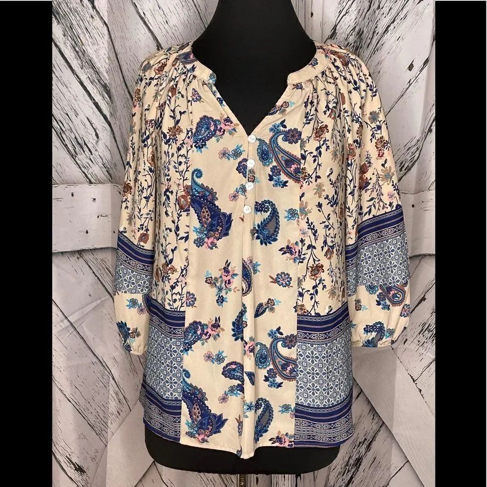 FIGUERCA & FLOWER Cream Blue Floral Top Small